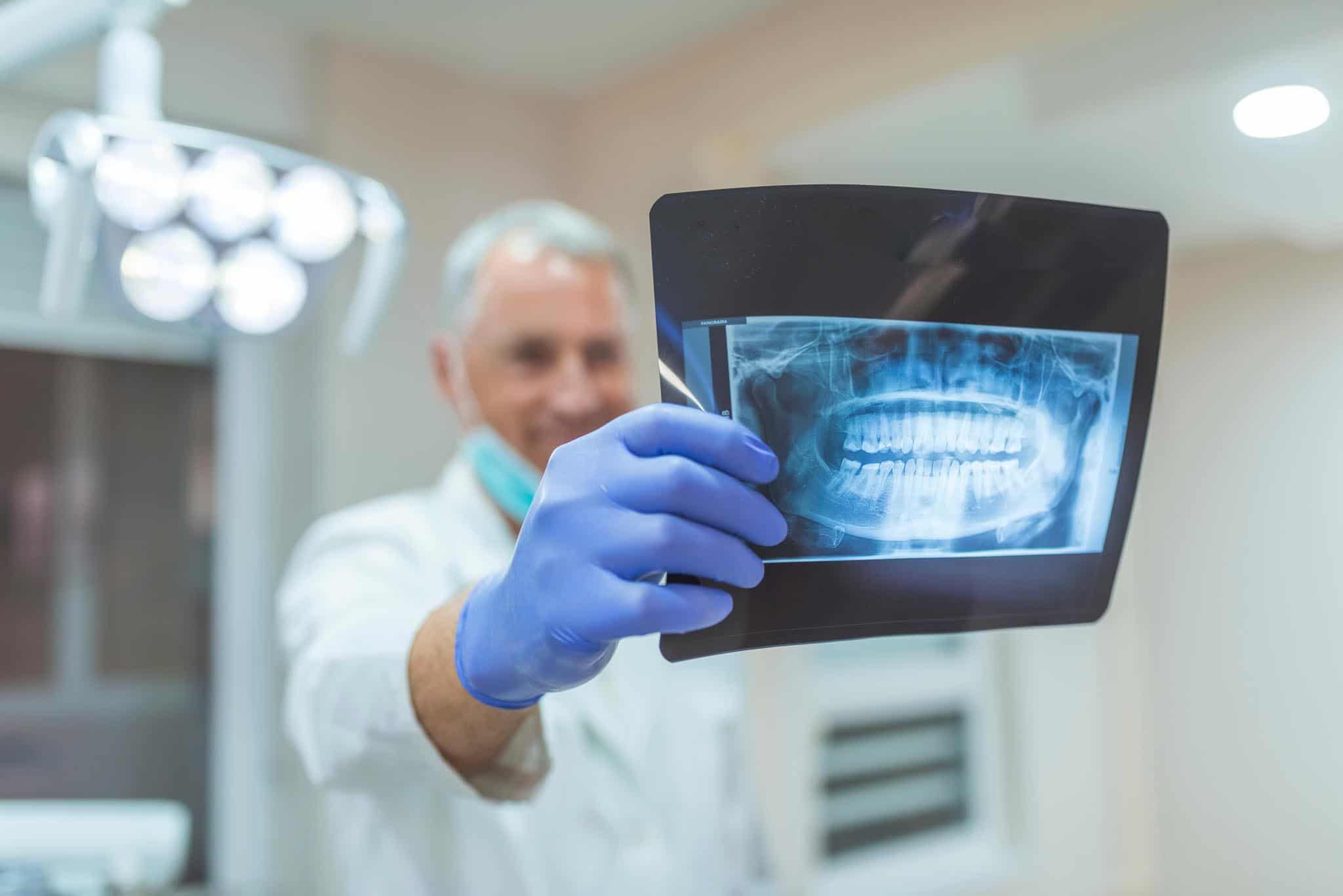 Male doctor or dentist looking at x-ray. Dentist in gloves teaching radiograph on light background. Dentist analyzing x-ray of teeth. Medicine and healthcare concept